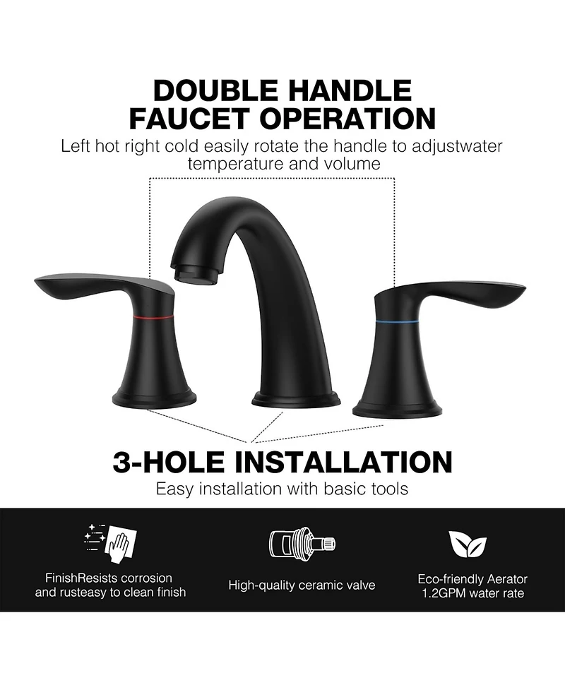gaomon Bathroom Faucet, 8 Inch Bathroom Faucets for Sink 3 Hole, Widespread Matte Black Bathroom Faucet with Pop up Drain and cUPC Lead-Free Hose (Mat