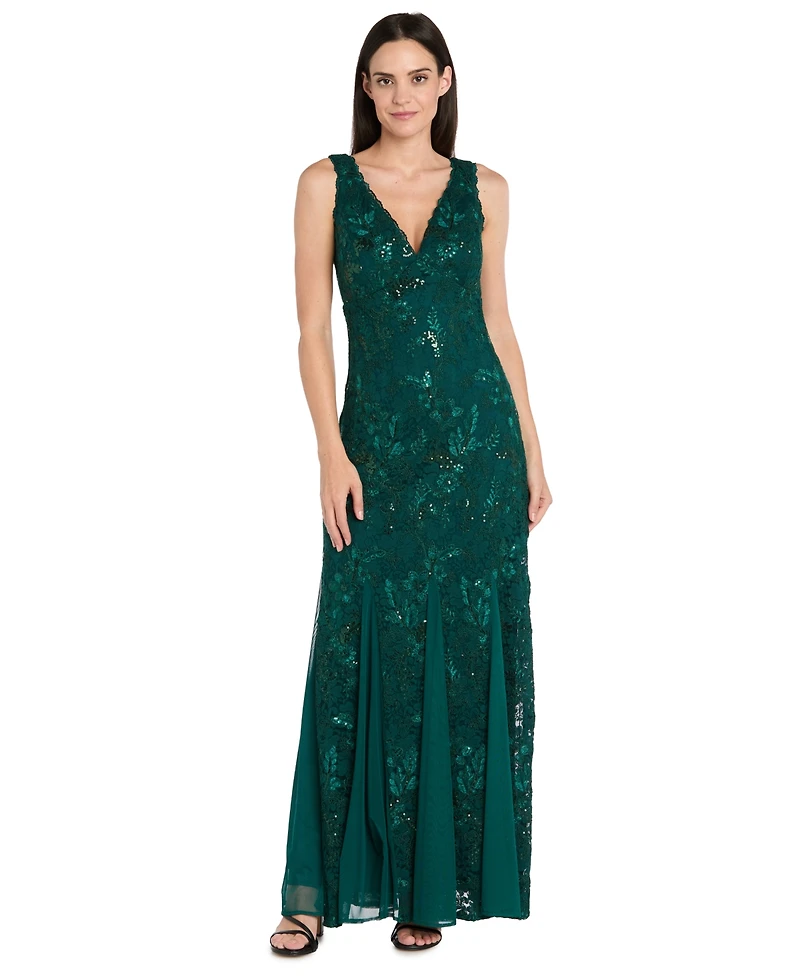 R & M Richards Women's Lace Sequin V-Neck Sleeveless Gown