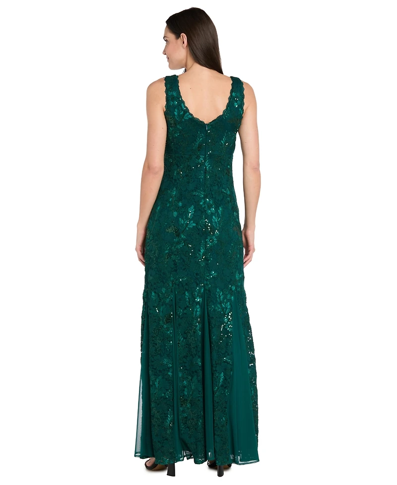 R & M Richards Women's Lace Sequin V-Neck Sleeveless Gown