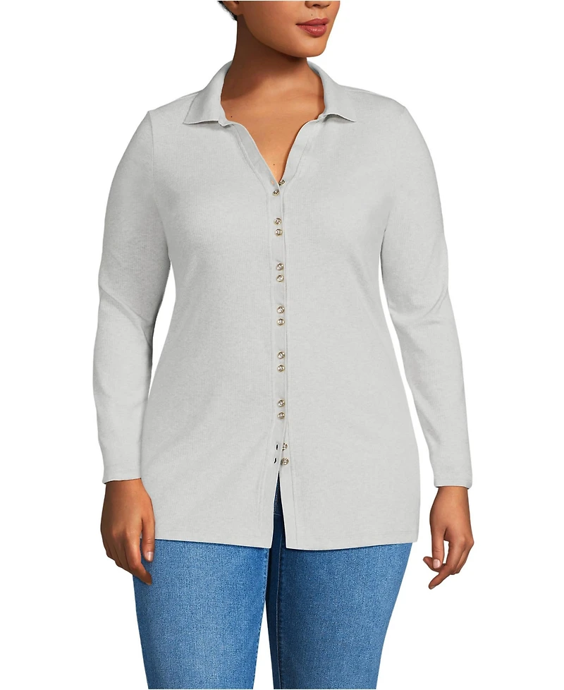 Lands' End Plus Long Sleeve Polished Rib Button Through Tunic Shirt