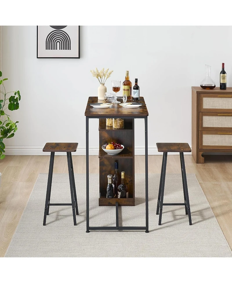 gaomon 3 Piece Small Bar Table and Chairs Set, Kitchen Table for 2 with 3 Storage Shelves, Dining Table with Stools for Small Apartment, Dining Room,
