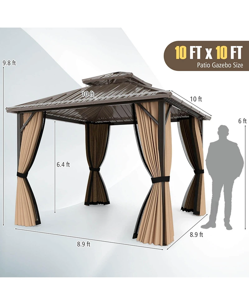 Costway 10 x 10 Ft Hardtop Gazebo with Netting Heavy-Duty Double-Roof Galvanized Metal Top