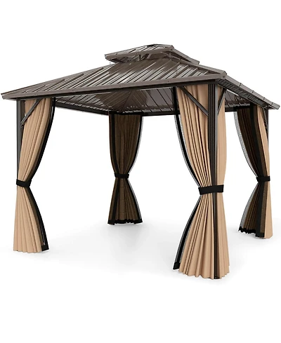 Costway 10 x 10 Ft Hardtop Gazebo with Netting Heavy-Duty Double-Roof Galvanized Metal Top