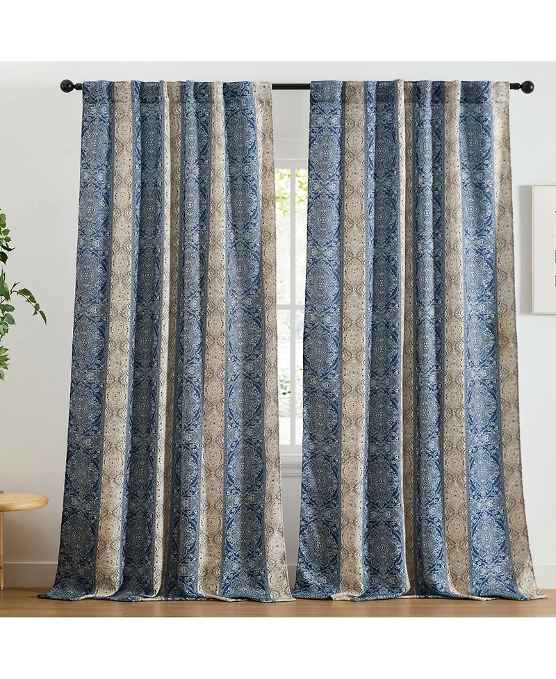 Hlc.me William Boho Damask Striped Patterned Window Back Tab Rod Pocket Curtains Bedroom - Light Blocking Darkening Window Panels