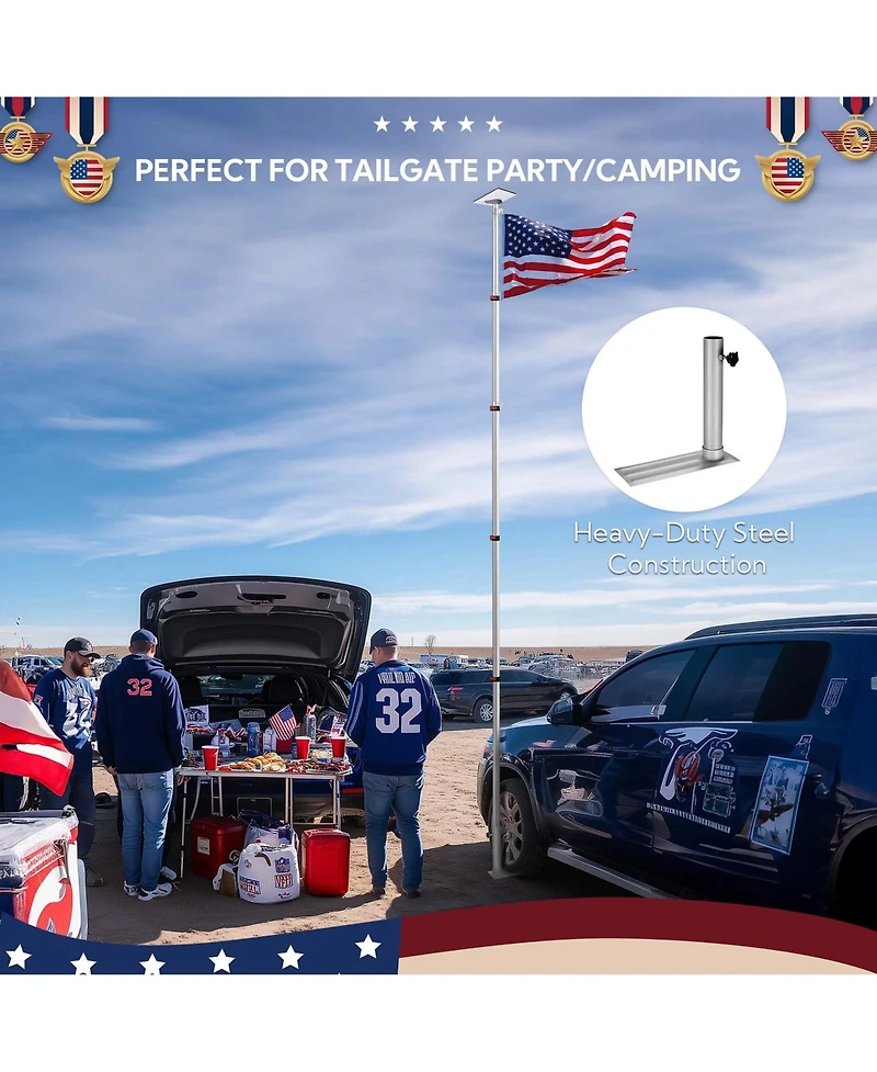 Yescom Ez Go 14ft Telescopic Flag Pole Kit with Starlink Mini Pipe Adapter & Tire Mount Base for Outdoor Tailgate Party, Sliver