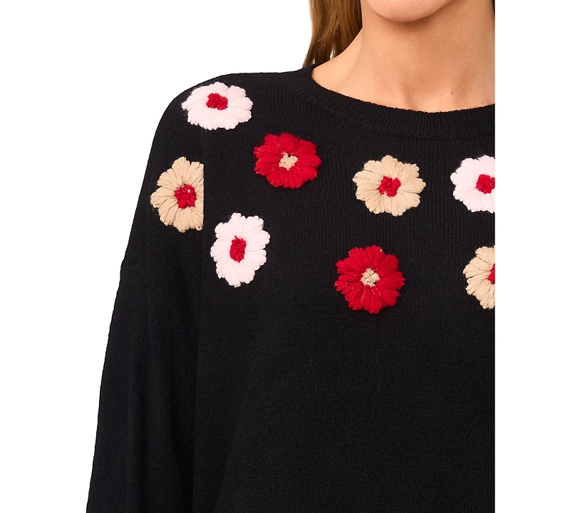 CeCe Women's Multicolor Embroidered Flower Long Sleeves Sweater