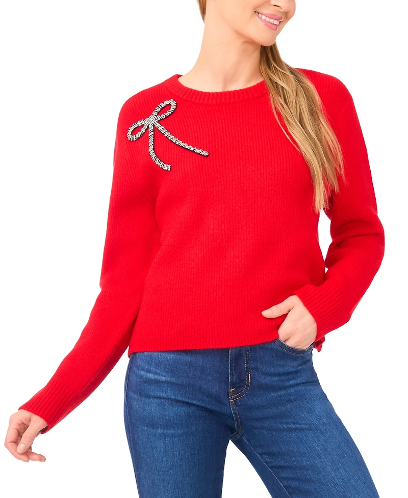 CeCe Women's Oversized Bow Applique Long Sleeves Sweater