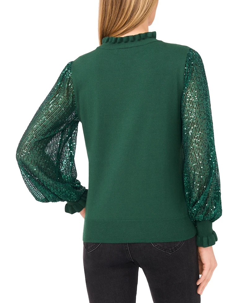 CeCe Women's Ruffle Trim Sequin Long Sleeves Sweater