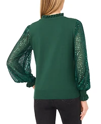 CeCe Women's Ruffle Trim Sequin Long Sleeves Sweater
