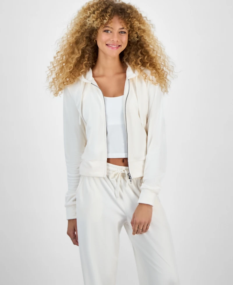Hippie Rose Juniors' Ribbed Velour Zip-Up Hoodie