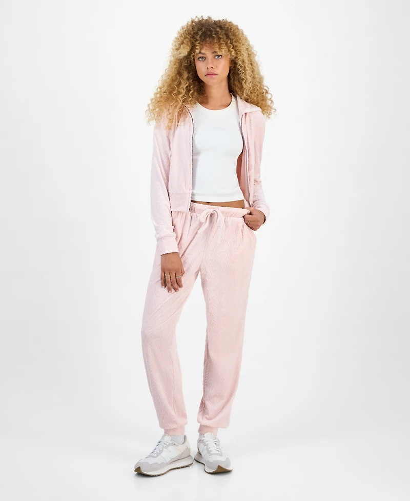 Hippie Rose Juniors' Cable Velour Zip-Up Hoodie