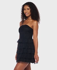 B Darlin Juniors' Strapless Side-Shirred Tiered Glitter Mini Dress