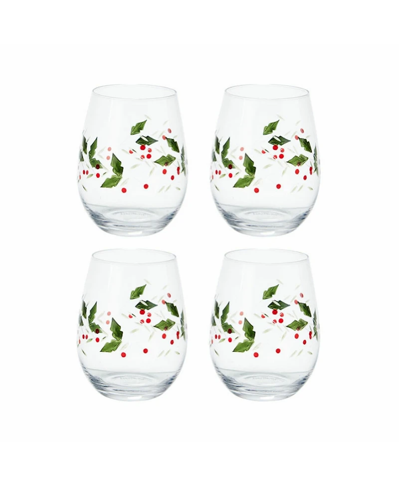 Winterberry Holiday Stemless Wine Glasses, Set of 4