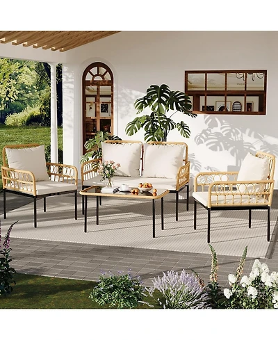 gaomon 4 Pieces Patio Furniture Sets Wicker Outdoor Patio Table and Chairs Set with Glass Side Table, Loveseat Chairs, Boho Rattan Conversation Sets f