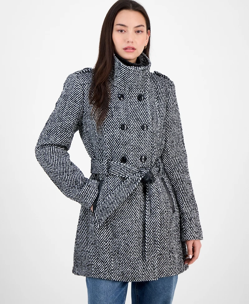 Bcx Juniors' Plaid Funnel-Neck Trench Coat