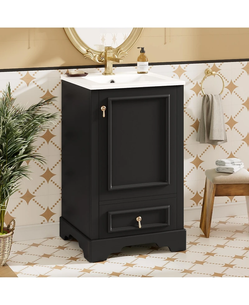 Casainc 20; Bathroom Vanity with Ceramic Sink, Soft-Close Door, U-Shaped Shelf, Drawer and Storage Rack