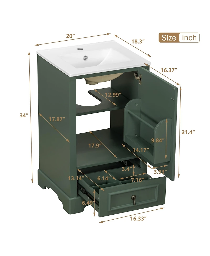 Casainc 20; Bathroom Vanity with Ceramic Sink, Soft-Close Door, U-Shaped Shelf, Drawer and Storage Rack