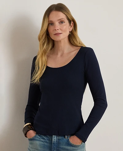Lauren Ralph Women's Rib-Knit Long-Sleeve Scoopneck Tee