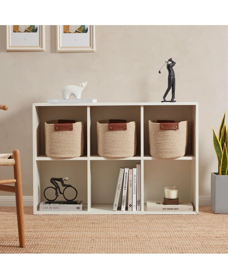 Ornavo Home 3 Pack Cotton Rope Shelf Storage Basket with Faux Leather Handles