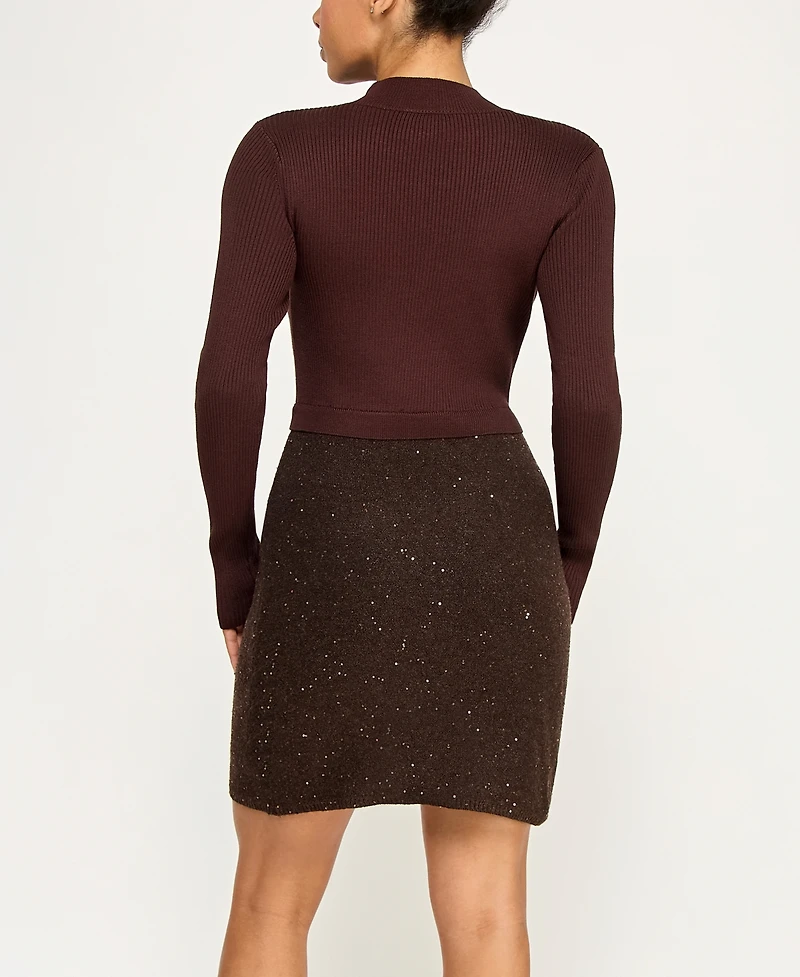 Invitee Juniors' Long-Sleeve Sequin-Skirt Sweater Dress