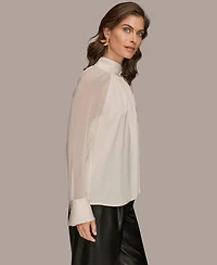 Donna Karan New York Women's High Neck Mix Media Blouse