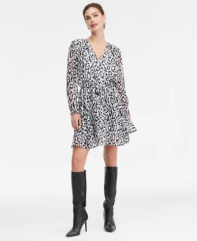 I.n.c. International Concepts Women's Printed Long-Sleeve Surplice Mini Dress, Macy's Exclusive