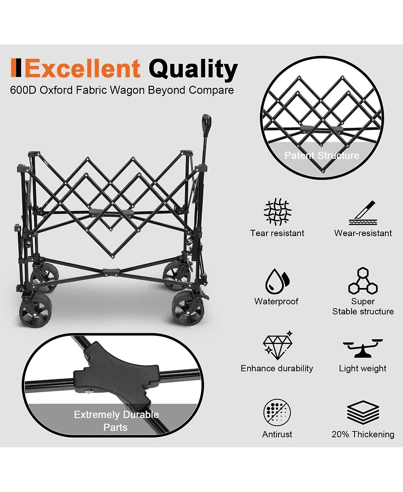 450lbs Heavy Duty Double Decker Collapsible Folding Wagon Cart with 360° Wheels, and Extra Storage