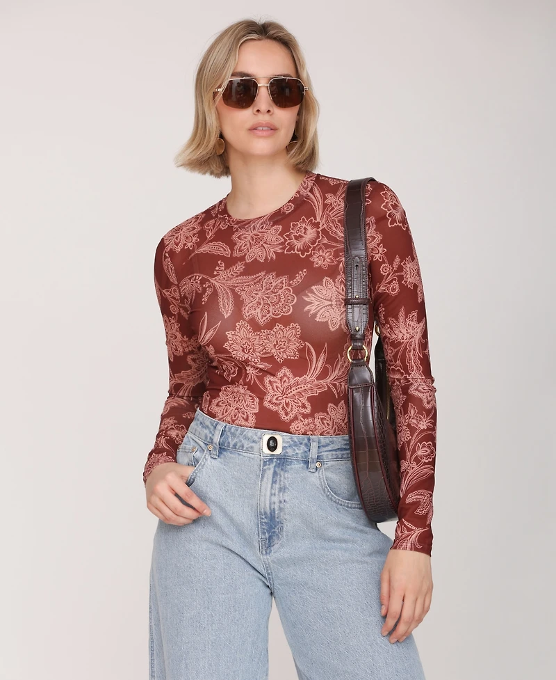 Avec Les Filles Women's Mesh Crew Neck Long Sleeve Top