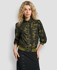 Dkny Women's Camo Jacquard Bomber 3/4-Sleeves Jacket