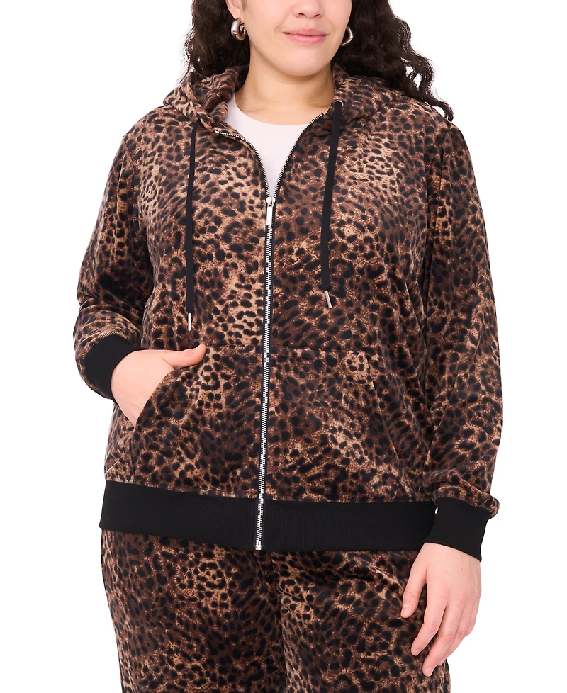 Vince Camuto Plus Velour Animal-Print Zip-Front Hoodie Jacket