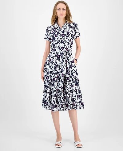 Tommy Hilfiger Women's Floral Belted Tiered Shirtdress