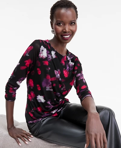 I.n.c. International Concepts Women's Printed Long-Sleeve Draped Mesh Top
