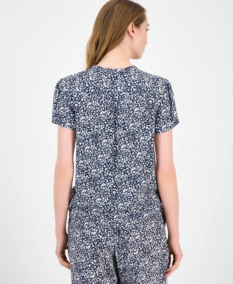 Tommy Hilfiger Women's Floral Lace-Up Short-Sleeve Blouse