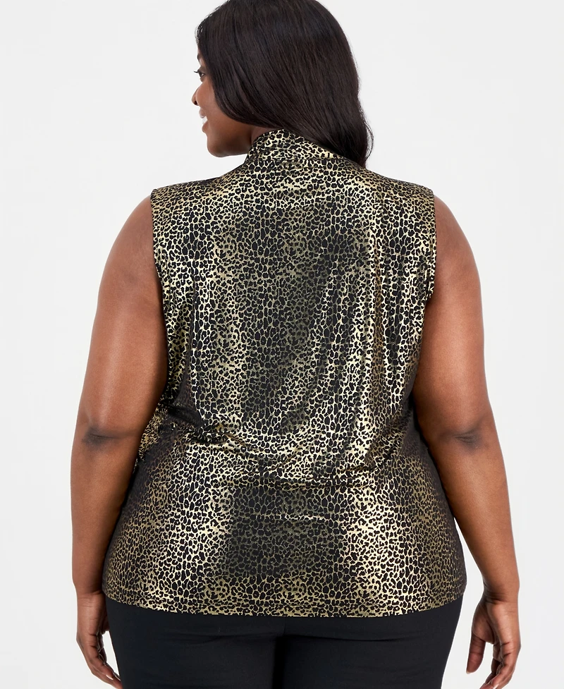 Kasper Plus Foil-Print Knot-Front Top