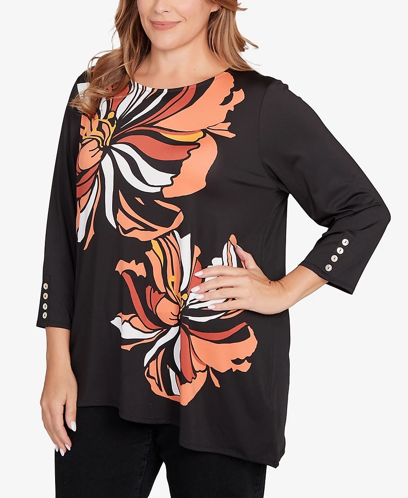 Ruby Rd. Plus Button Sleeve Bold Floral Top