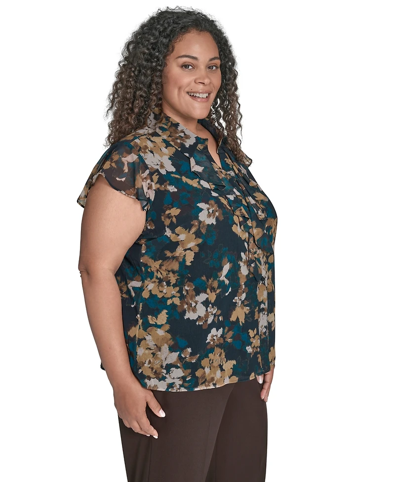 Calvin Klein Plus Printed Cap-Sleeve Ruffle-Front Blouse
