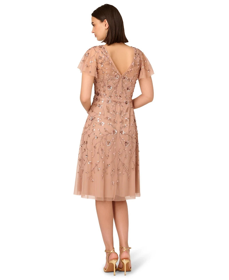 Adrianna Papell Women's Boat Neck Beaded Midi Dress