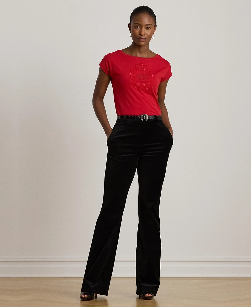 Lauren Ralph Women's Sequin Detail Boat Neck Jersey T-Shirt