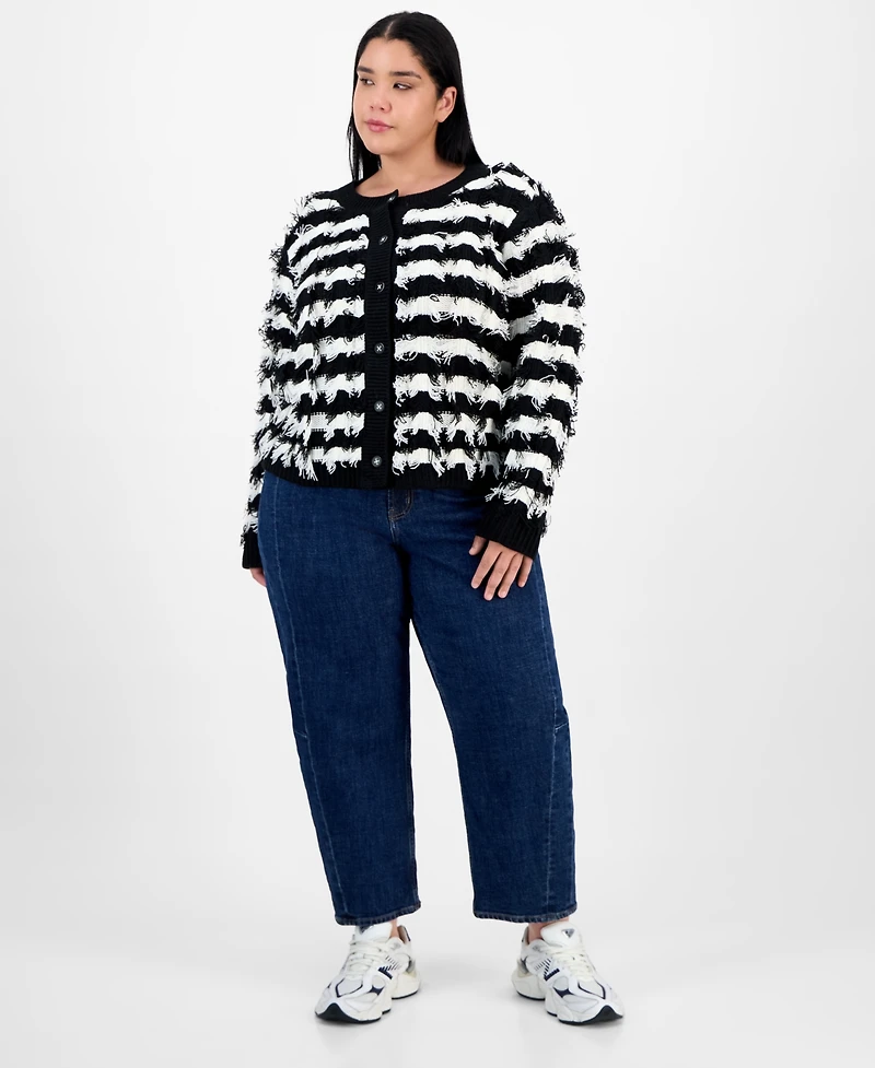Liverpool Los Angeles Trendy Plus Stripe Fringe-Knit Cardigan