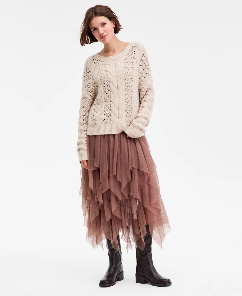 Lucky Brand Women's Pointelle Cable Crew Neck T-Shirt