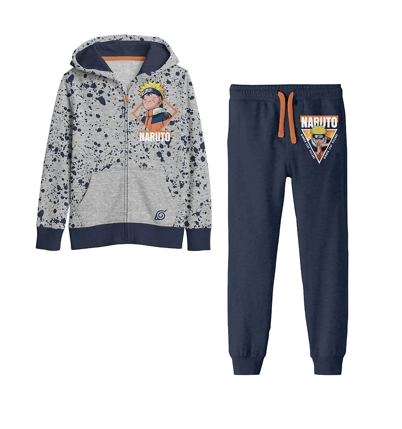 Naruto Boys Classic Youth Gray Zip Hoodie and Navy Jogger Pants