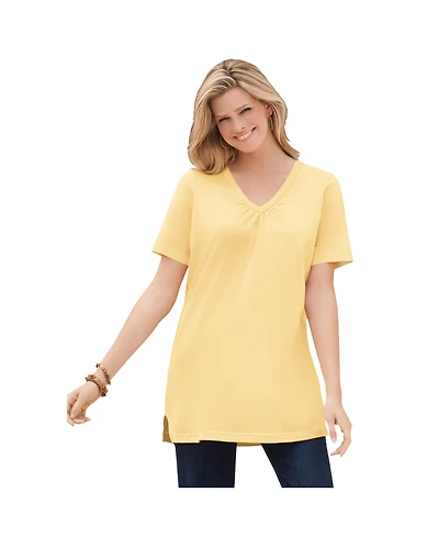 Woman Within Women's Perfect Short-Sleeve Shirred V-Neck Tunic