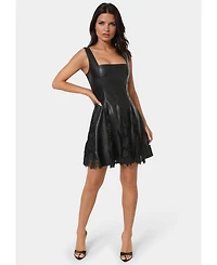 Bebe Women's Faux Leather Lace Inset Flare Dress