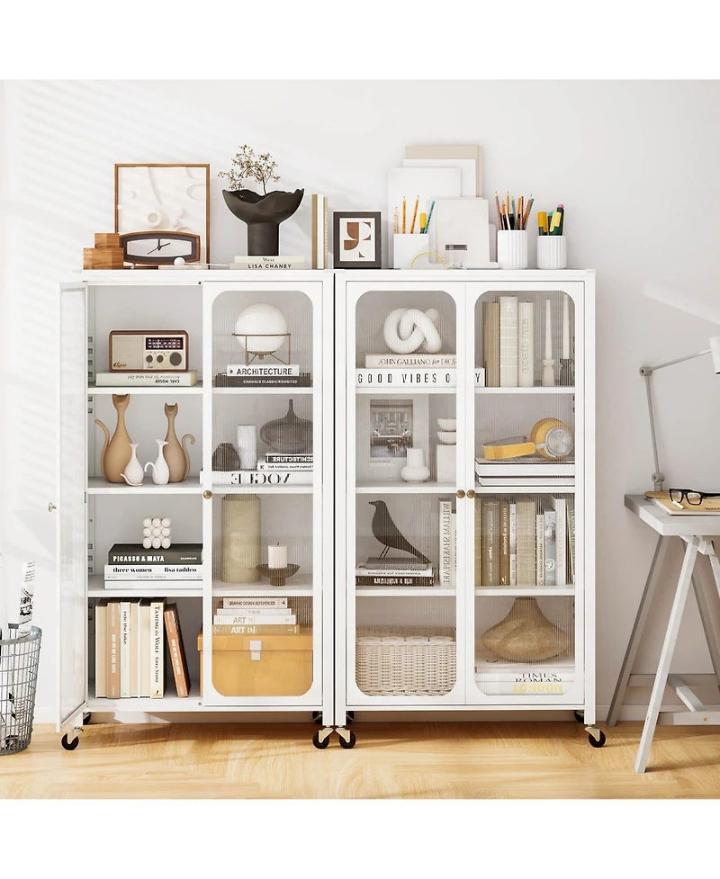 Costway Storage Cabinet with Wheels & 2 Translucent Doors Adjustable Shelves Sideboard