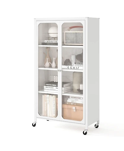 Costway Storage Cabinet with Wheels & 2 Translucent Doors Adjustable Shelves Sideboard
