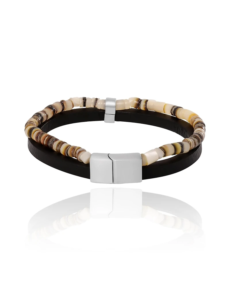 Lucky Brand Mens Layered Bracelet with Wood Beads and Leather Strap