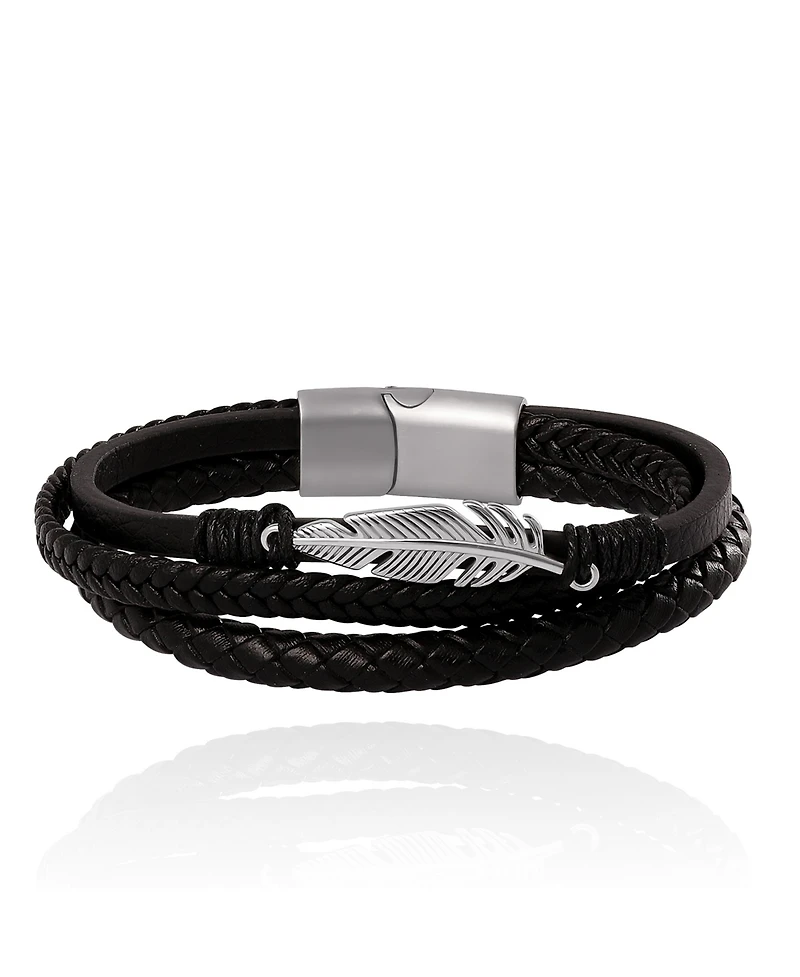Lucky Brand Mens Triple Row Black Leather Bracelet with Silver Accents