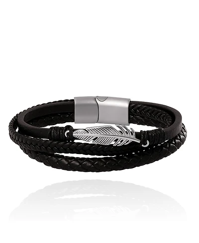 Lucky Brand Mens Triple Row Black Leather Bracelet with Silver Accents