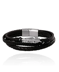 Lucky Brand Mens Triple Row Black Leather Bracelet with Silver Accents