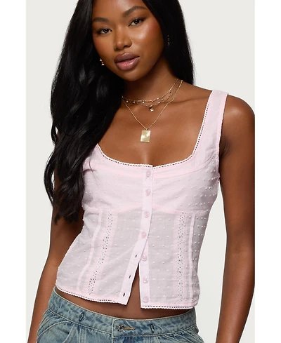 Edikted Womens Embroidered Cotton Button Up Top